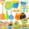 Beach Sand Toys for Kids with Collapsible Bucket and Mesh Bag, Toddlers Filter Sand Scooper Mesh Shovel Cover for Collecting Shells, Castle Molds, 16 Pcs Beach Essentials Toys for Summer Outdoor Beach